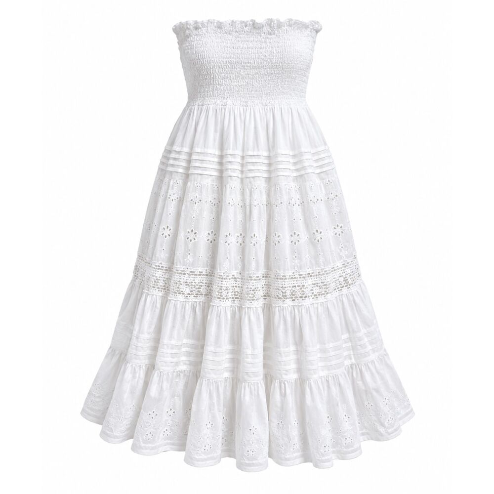 Dots White Strapless Smocked Eyelet Tiered Maxi Dress
